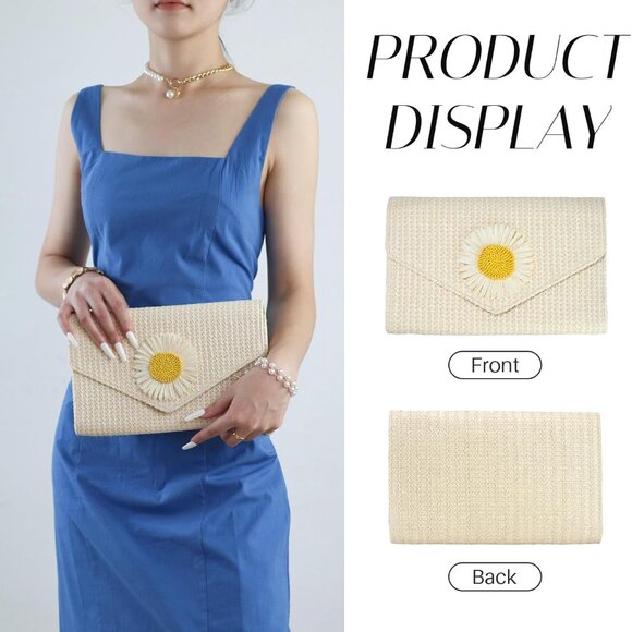 Beige Straw Daisy Flower Evening Clutch with Multi-Way Carry - Picture 3 of 6